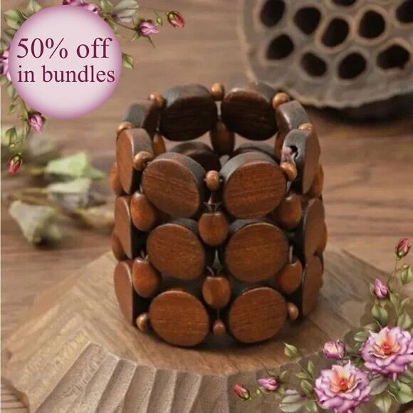 Wooden Bangle bracelet vintage retro style - Picture 1 of 12